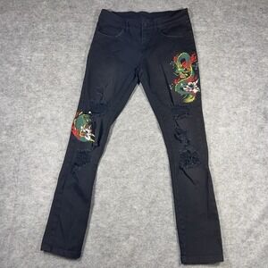 Young & Reckless Jeans Mens 28 Black Embroidered Dragon Streetwear Skater Denim
